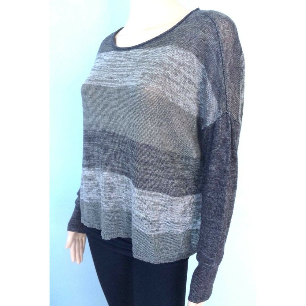 Eileen Fisher Women's Sweater Gray Striped Long Sleeve 100% Linen Scoop Neck M - Picture 2 of 12